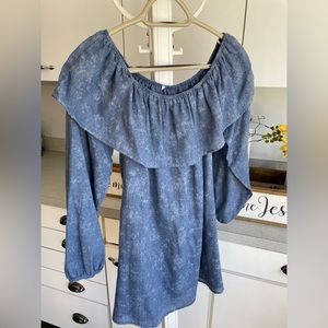 Blue, off-the-shoulder top with print. Size Large.